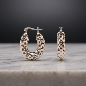 925 <b>Sterling</b> <b>Silver</b> Trendy Pitted Oval <b>Hoop</b> <b>Earrings</b> - Product Image 2