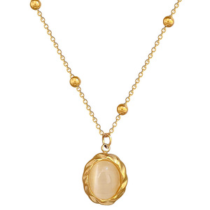 Collier pendentif ovale en pierre avec chaîne à billes en acier inoxydable de style rétro HY <span class=keywords><strong>France</strong></span>, plaqué or, collier géométrique en cristal circulaire - Product Image 1