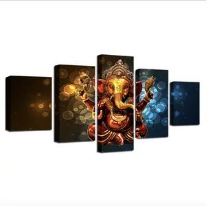 HONGYA Modern Painting Wall Art 5 Piece Indian Buddha Statue Hindu Ganesh God Elephant Framed Canvas Print For Office Decor