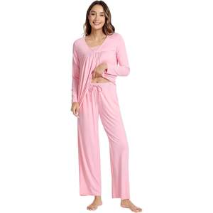 Ensemble de pyjama pour femmes à manches longues personnalisé, coupe confortable, viscose bambou, pantalon de nuit avec poche, tricot doux, 2 pièces - Product Image 2