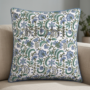 Fabricrush 2024 Sky Blue Floral <b>Block</b> Print 100% Cotton Western Style Envelope Closure Removable Washable Throw Pillow Covers - Product Image 3