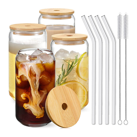 Crystal Glass Drink Tea Cocktail Glass Coffee Cup Drinking Glasses With Bamboo Lids and Glass Straw Set