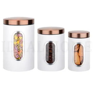 White Kitchen Canister set 3 pieces, 0.9/1.6/2.9 Quarts Stainless Steel Flour Sugar Tea Coffee Storage Containers with Visible