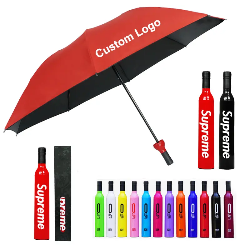 Promotion Gift Cheap Wine Bottle Umbrellas   3 Folding Portable Pocket Bottle Shape Base Umbrella With Logo Prints Customized/