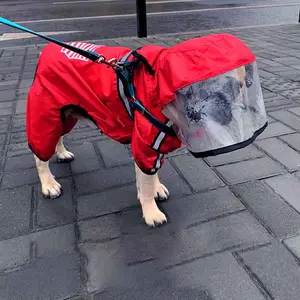 軽量犬ペット4本足フード付きレインコートかわいい卸売反射ストライプ犬の顔全天候型防水ポリエステル