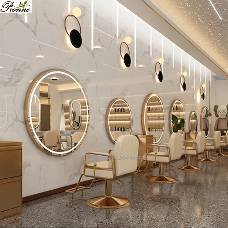 Barber shop styling stations beauty led lighting salon round makeup haircut single-sided wall mirror