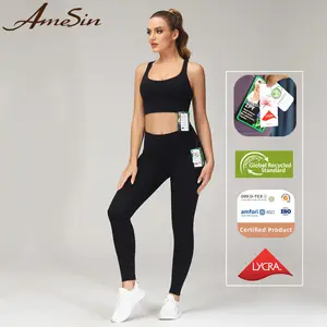 AmeSin高腰免费样品轮廓裸感瑜伽打底裤，带定制标志回收环保瑜伽裤
