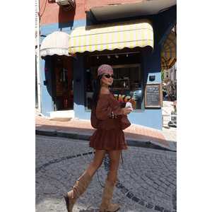 Vestido Mini Marrón Darcie de Diseño Personalizado, Cuello Cuadrado, Largo hasta la Rodilla, Decoración con Cremallera, Casual, Talla Grande para Eventos Diurnos y Festivos, Talla XS - Product Image 1