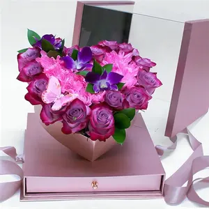 กล่องของขวัญดอกไม้รูปหัวใจกล่องแต่งงานพร้อมริบบิ้นฝาครอบพีวีซีสแควร์หน้าต่างพาโนรามาพร้อมลิ้นชัก