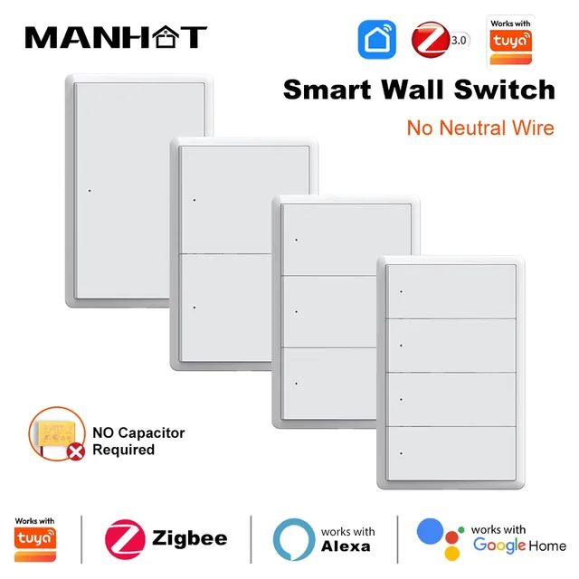 Manhot Zigbee Smart Light Switch Plastic No Capacitor No Neutral Required US Push Button Switch Voice Control for Alexa Google