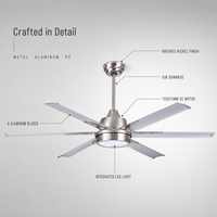 Ventilateur de plafond moderne de 60 pouces avec moteur DC, en métal, avec lumière LED, silencieux, économie d'énergie, télécommande, intensité réglable