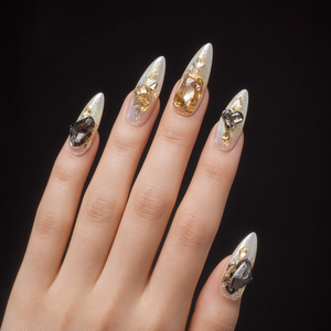 Faux ongles à presser couleur or champagne avec paillettes et strass, couvrance totale, élégants pour les soirées - Product Image 4