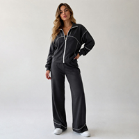 Setelan Olahraga Wanita Retro Dua Potong OEM, Model Longgar dengan List Kontras, Jaket Ritsleting, Celana Lurus, Tracksuit Wanita