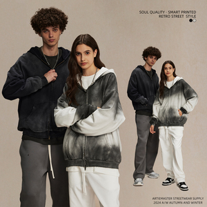 Men's Retro Old Fashion <b>Hoodie</b> High Quality Custom Embroidery 3D Oversize Loose Wash <b>Thin</b> Style Long Dirty Dyeing Print - Product Image 2