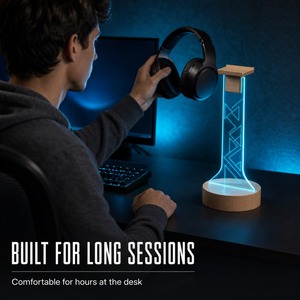 Bodyfree Acrylic LED Gaming Headset Stand Solid Wood Base RGB <b>Warm</b> <b>White</b> <b>Light</b> Custom Engraving Wholesale For Gamers - Product Image 4