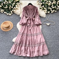 Robe élégante à col montant style vintage français printemps 2026, robe de mode pour femmes, robe décontractée