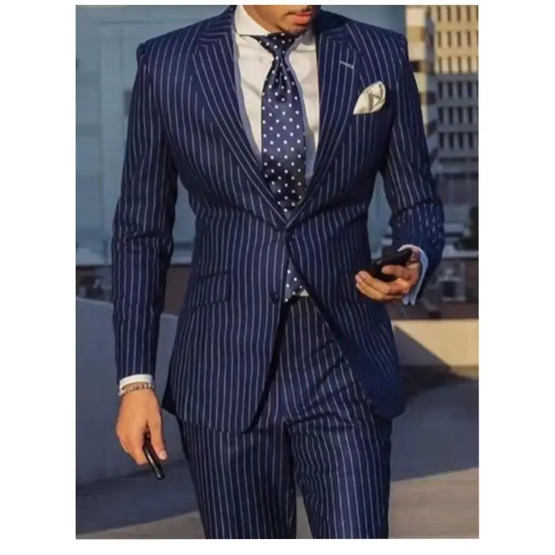 Wholesale Men's Casual Slim Stripe Blazer Business Office Suit Sets Large Size Men Blazer and Pants Set