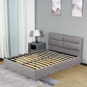 Modern gri kumaş çift kişilik yatak çerçeve kraliçe boyutu şık tasarım dayanıklı inşa şık platformu Bedstead