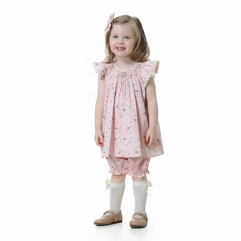 Verano de 2021 de flores volantes mano smcoked vestido bebé niña obispo vestido bloomer