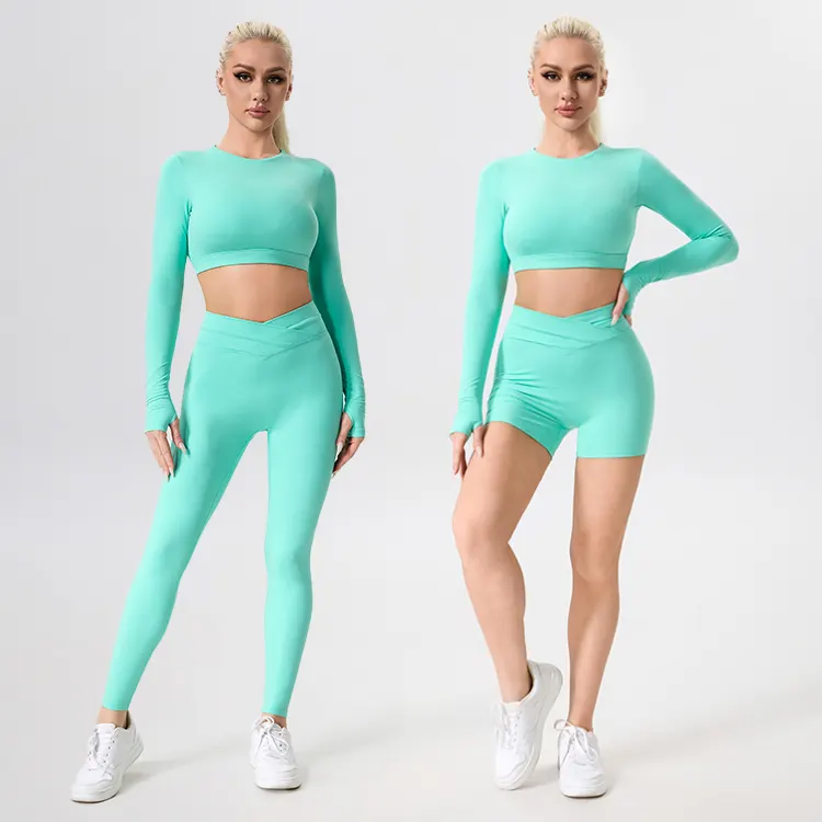 Female 3 Pcs Fitness Sports Outfits Gym Fitness Set Hollow Out Long Sleeve Crop Top And Legging Sets High Elastic Yoga Set