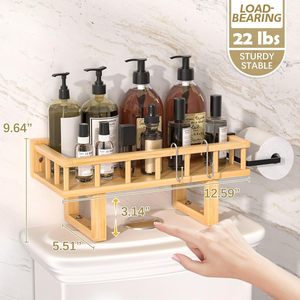 Étagère de rangement en bois massif rectangulaire autoportante pour salle de bain avec porte-papier toilette - Product Image 4