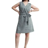 2021 повседневное льняное платье без рукавов с V-образным вырезом и поясом для женщин