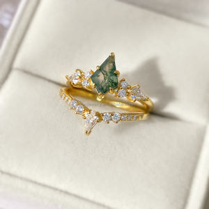 Vintage Style Fine Jewelry Brass Classic <b>Stack</b> <b>Ring</b> 18k Gold Plated Engagement Wedding Moss Agate <b>Rings</b> for Women - Product Image 1