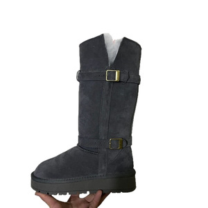 Bottes d'hiver hautes pour femmes, en cuir véritable noir, avec boucles dorées, doublure en laine confortable, douces et chaudes, pour la neige - Product Image 5