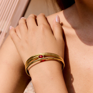Three Layer Gold <b>Bracelet</b> With <b>Red</b> Stone Bezel Setting Unisex Jewelry Gift - Product Image 3