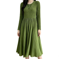 Neues Damenkleid im Vintage-Stil: Elegantes, geprägtes, plissiertes, knielanges, atmungsaktives, schmal geschnittenes Langarmkleid mit Stickerei, waschbar