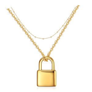 Collier double couche en acier inoxydable plaqué or 18 carats avec pendentif cadenas au design géométrique, idéal pour un cadeau décontracté - Product Image 1