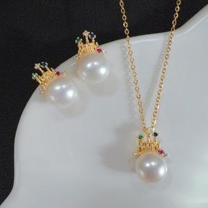 Ensemble collier et boucles d'oreilles en or 14 carats plaqué or de haute qualité avec perle d'eau douce naturelle, style château de princesse, pour bijoux fins - Product Image 1