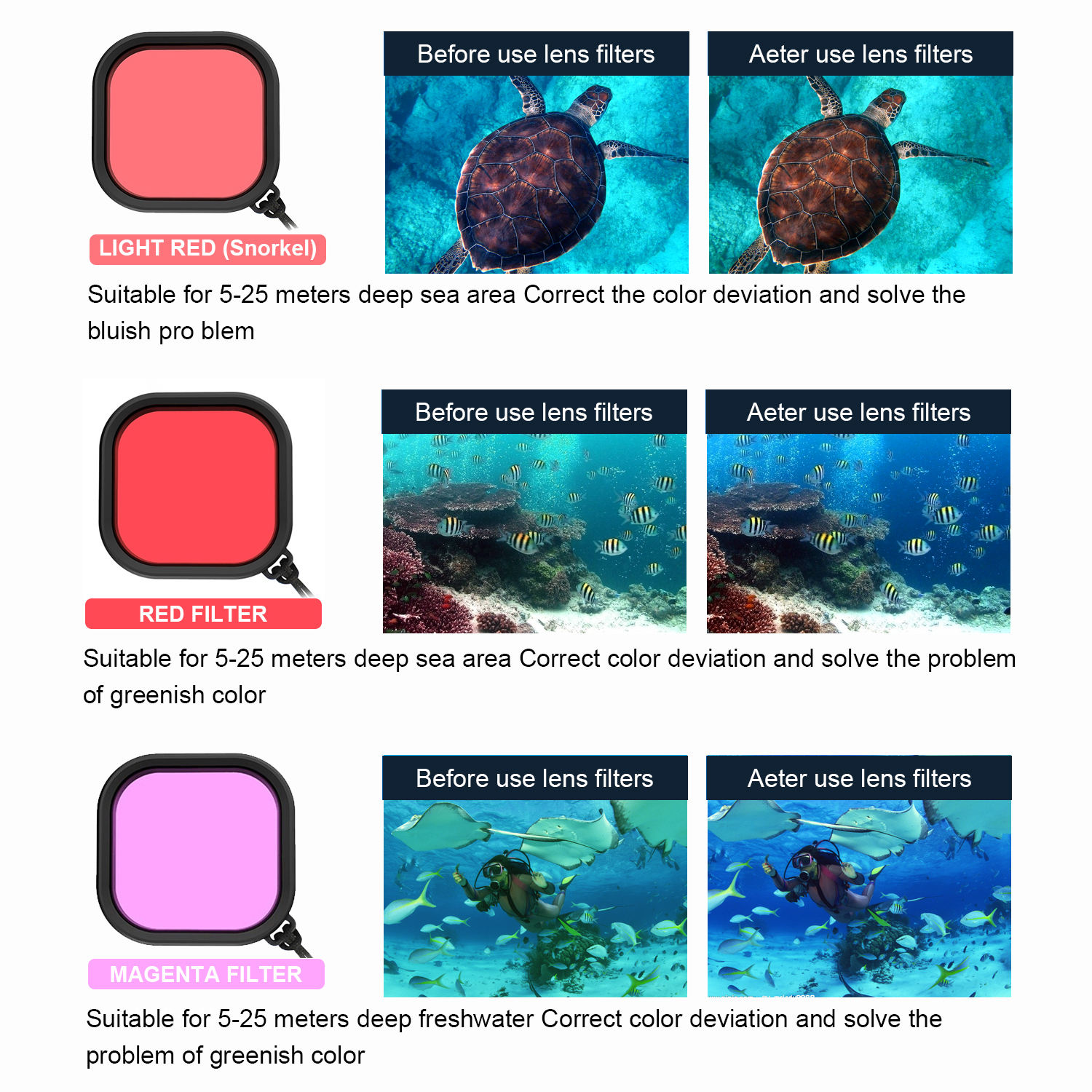 HONGDAK Lens 3-pack Red pink Purple Underwater Diving Lens Filter for Gopro for gopro Hero 5 6 7 Black Filter