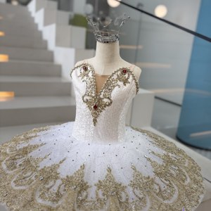 Tutù <span class=keywords><strong>da</strong></span> Balletto Lago dei Cigni Bianco e Oro per Bambine, Tutù Professionale con Dettagli in Pizzo e Strass, Dettagli Rossi in Gemma, per Bambini - Product Image 5