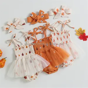Одежда для новорожденных, Сетчатое платье с принтом тыквы, стрейчевое платье для маленьких девочек, комбинезон на Хэллоуин