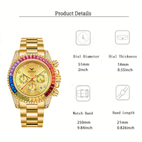 Montre Diamant Arc-en-ciel à la Mode pour Hommes ONOLA, Montre Quartz Multifonctionnelle en Acier Inoxydable avec Cadran Doré Étanche ON6842G