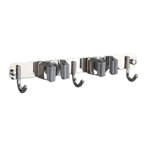 Stainless Steel Eco-Friendly Grey No-Punching Mop and <b>Broom</b> Tool <b>Holder</b> Wall Mount with Multiple Hooks for Kitchen Use - Product Image 2