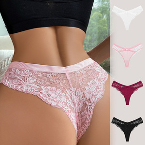 Slip Tanga Donna <span class=keywords><strong>in</strong></span> Pizzo Solido con Fiocco, Vita Morbida a Costine, Vita Bassa, Traspirante, Trasparente, Intimo ODM - Product Image 1