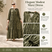Robe longue élégante vert olive à imprimé abstrait en fausse soie pour femme, col en V, boutonnée sur le devant, ample, à volants, modeste, pour le printemps, vente en gros