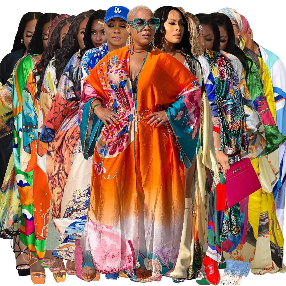 Plus Size Mode Vrouwen Lente Print Satijn Zijde Gladde Losse Lange Gewaad Vest Kimono Stijl Dames Bohemian Jas Jurk