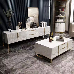 Ensemble de table basse et de meuble <span class=keywords><strong>TV</strong></span> pour salon, couleur blanc et noir moderne, avec pieds en acier inoxydable doré - Product Image 6