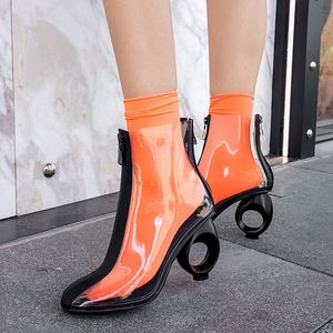 Bottes courtes à talons hauts pour femmes, fermeture à glissière, bout pointu, talon créatif, bottines courtes, grande taille, transparentes - Product Image 5