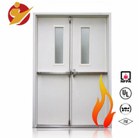 Porte coupe-feu moderne à double battant en acier, porte de secours avec barre anti-panique et panneau de vision pour usage commercial