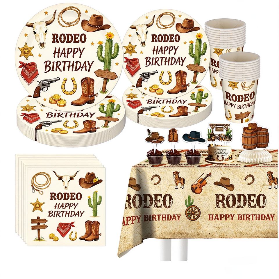 Gradution Banner Sample Corlorful Western Cowboy Theme Disposable Party Tableware Set Cowboy ...