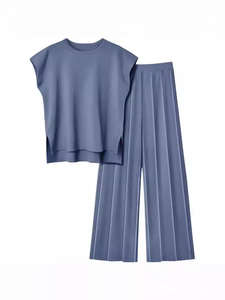 <b>Women</b> All Seasons Sleeveless Anti-Wrinkle V-neck Thick Fabric <b>Vest</b> Knit High Waist Pleated Pants Ice Silk Casual <b>Sweater</b> Set - Product Image 3