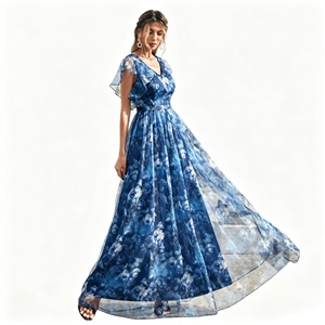 Custom evening <b>dress</b>, <b>thin</b> shoulder <b>straps</b>, V-neck printed tulle ruffled fairy <b>dress</b>, long elegant graduation season skirt - Product Image 1