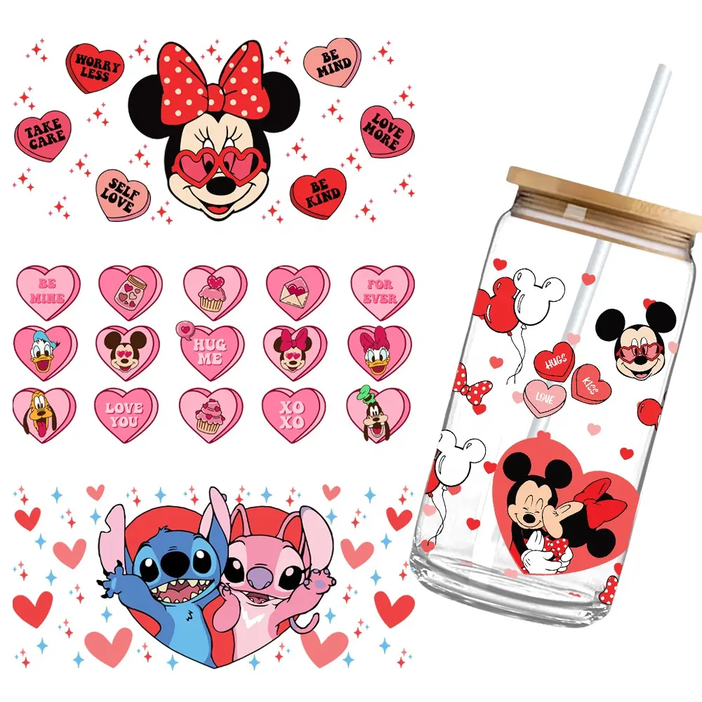 Valentinstag Karikatur Mickey Minnie Stitch 16 Unzen Glasbecher UV DTF Übertragungsscheibe hochwertige Wraps Übertragungsaufkleber