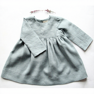 Vestido de Bautizo para Bebé Niña, Color Gris Sólido, Lino, Mangas Largas, Volantes, Cuello Redondo, Lino Prelavado, Silueta de Sirena, Otoño - Product Image 1