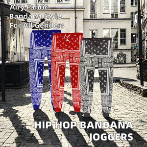 Pantalon de jogging décontracté en coton Streetwear unisexe avec bandana rouge et bleu pour hommes, style hip hop, taille moyenne, devant plat - Product Image 2