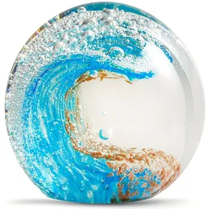 2024批发定制K9水晶玻璃镇纸手工制作蓝色海洋艺术彩色桌面波浪水晶球家居装饰